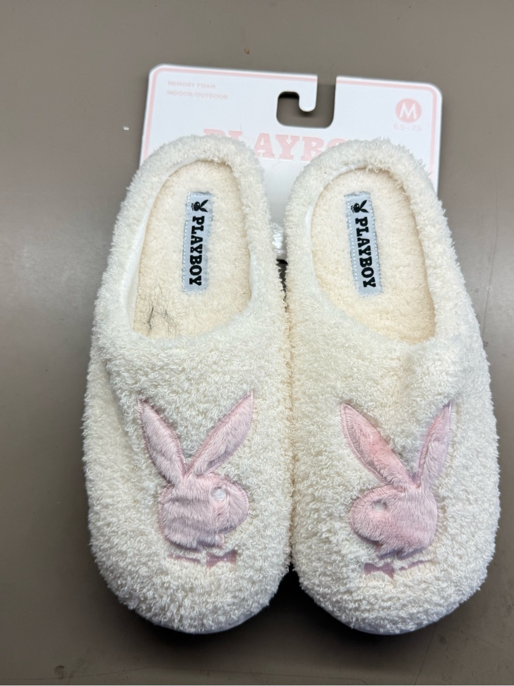 New w/ Tags Playboy Whit Faux Fur Slippers Bunny Logo Memory Foam Medium 6.5-7.5